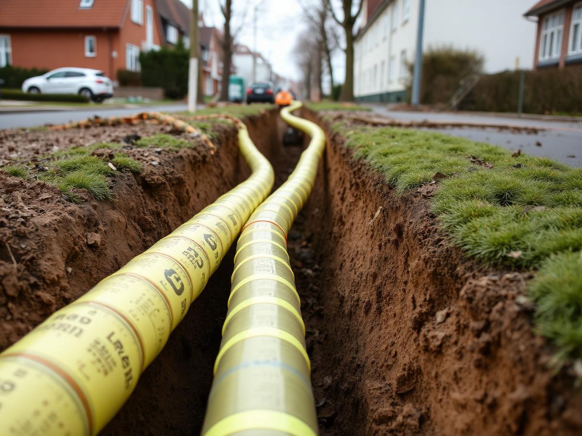Fjernvarmerør lagt i smal rende langs villavej i Danmark